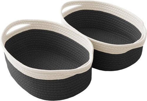 JMvicyroam Woven Storage Baskets - Small Rope Bins with Handles for Organizing | White & Black, 2-Pack
