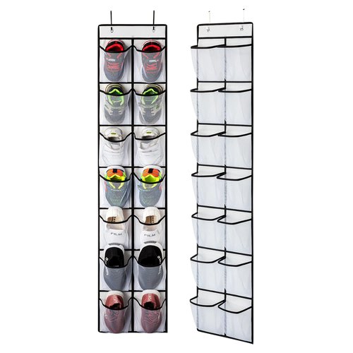 KEEPJOY Over the Door Shoe Organizer, Hanging Shoe Organizer with 4 Hooks, Shoe Holder with 14 Mesh Pockets Closet Door Shoe Storage Bag (White-2Pack)