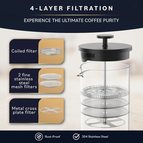 Home Hero French Press Coffee Maker - 34 oz Heat Resistant Borosilicate Glass with Bamboo Handle | 4 Layer Filter, Black