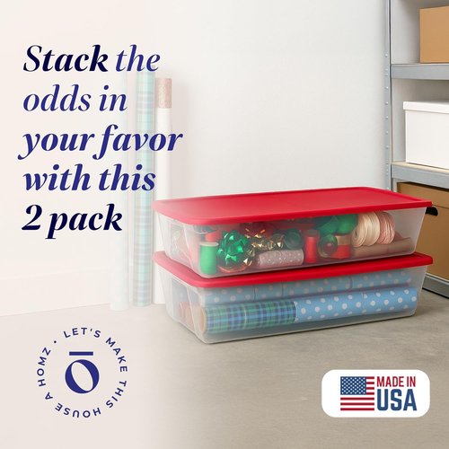 HOMZ Holiday Tote Bins - Clear Plastic Storage Organizers with Lids, 41 Quart, Red | Stackable for Christmas Decor & Crafts