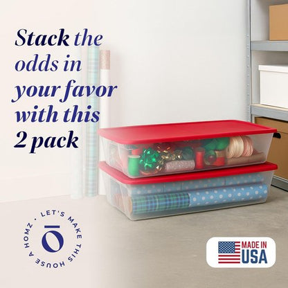 HOMZ Holiday Tote Bins - Clear Plastic Storage Organizers with Lids, 41 Quart, Red | Stackable for Christmas Decor & Crafts