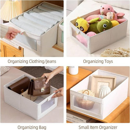 Linen Closet Organizers - 8 Pack Foldable Storage Bins with Clear Window for Clothing & Jeans