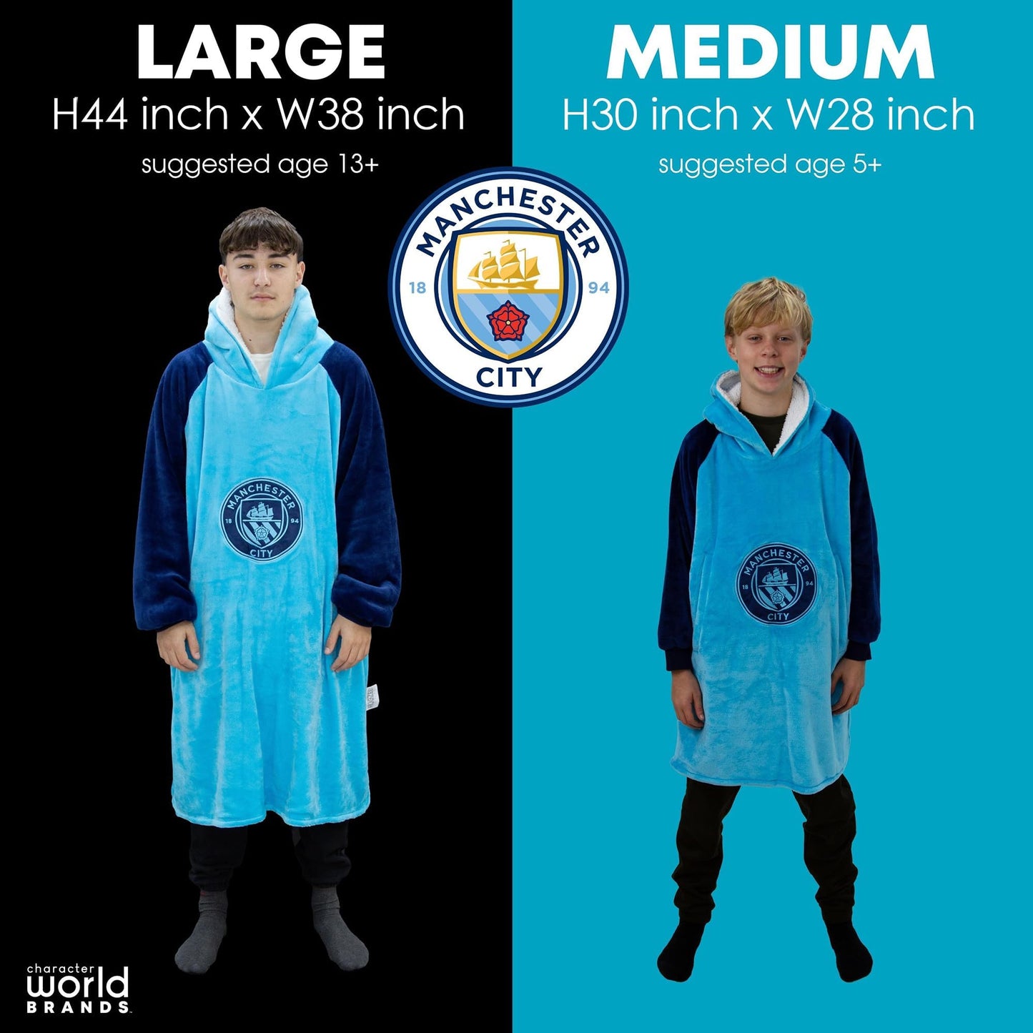 Manchester City FC Oversized Wearable Fleece Blanket, Super Warm and Cosy Premium Sherpa Lined, Design Perfect For Kids Aged 7-12 Years, One Size