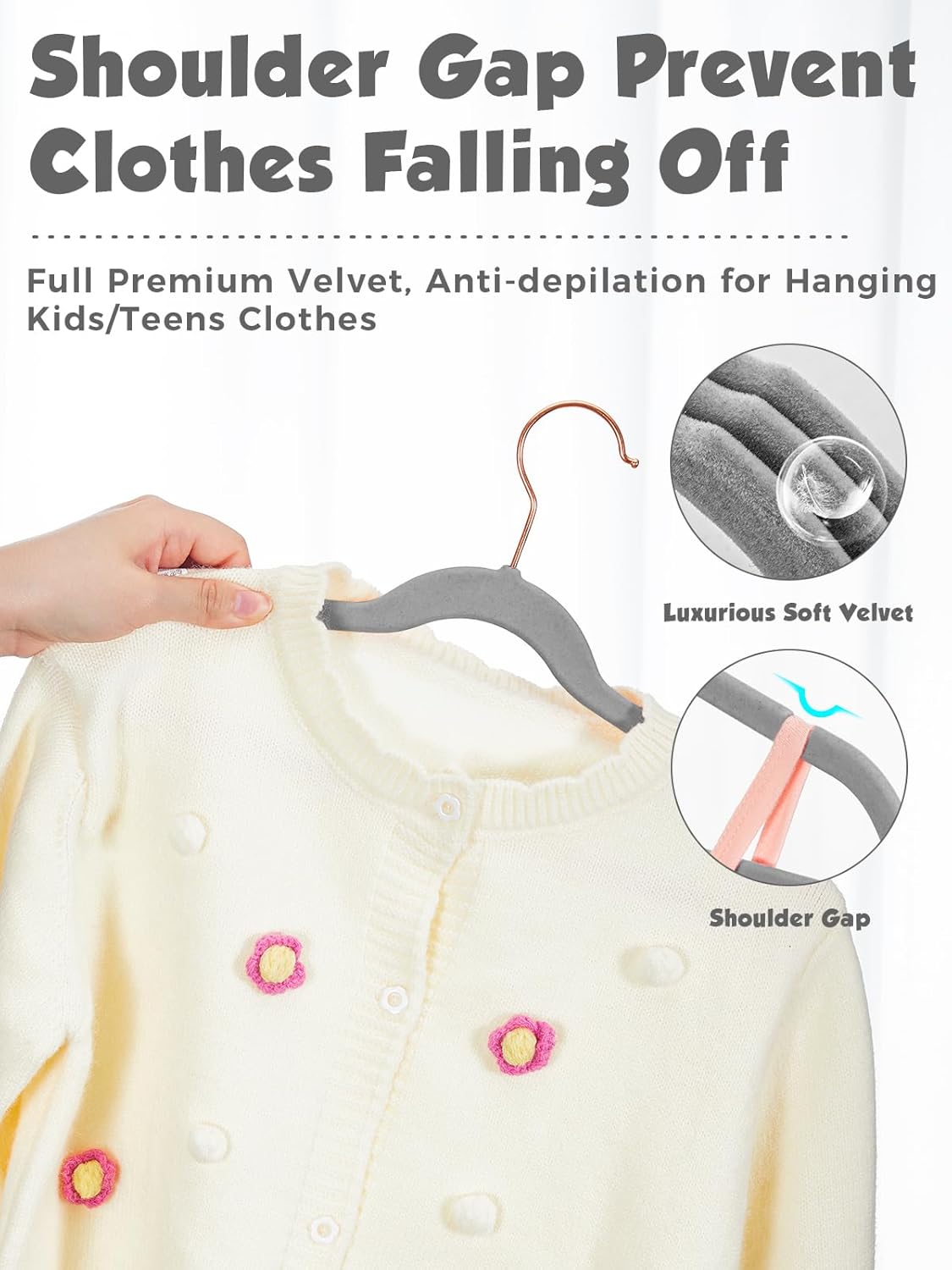 Smartor Kids Velvet Hangers - 50 Pack Premium Non-Slip Felt Hangers for Toddler Clothes | Grey with Rose Gold Hook