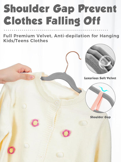Smartor Kids Velvet Hangers - 50 Pack Premium Non-Slip Felt Hangers for Toddler Clothes | Grey with Rose Gold Hook