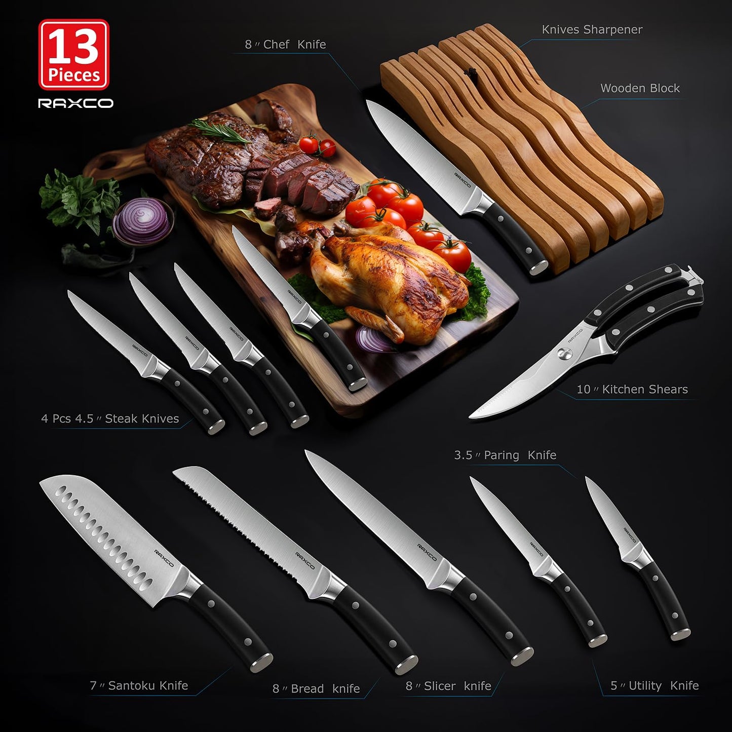 RAXCO Drawer Knife Set,13-Piece Stainless Steel Kitchen Knifes With Built-in Sharpener