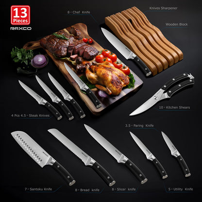 RAXCO Drawer Knife Set,13-Piece Stainless Steel Kitchen Knifes With Built-in Sharpener