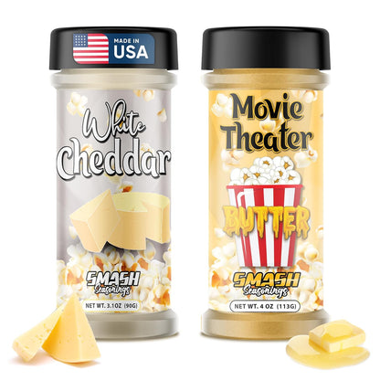 White Cheddar & Movie Theater Butter Popcorn Seasoning Shaker - Double Flavor Blend for Snacks | 2 Pack