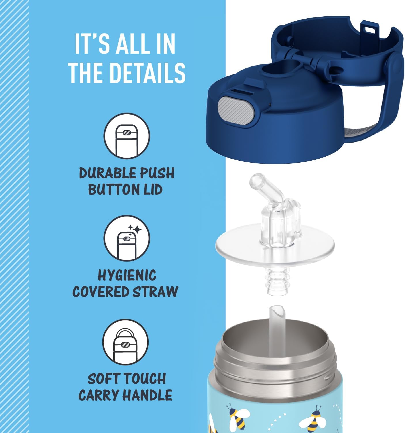 THERMOS FUNTAINER 12 Ounce Kids Straw Bottle - Stainless Steel Vacuum Insulated | Honey Bees Design