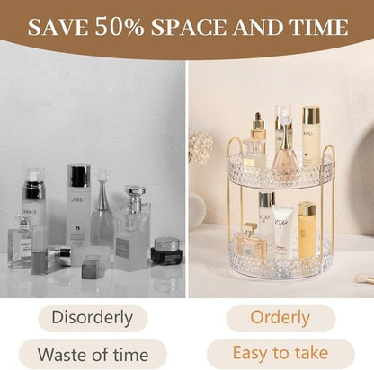 **Rotating Makeup Organizer - 2 Tier Perfume & Skincare Storage for Women | 360 Spinning Clear Design**