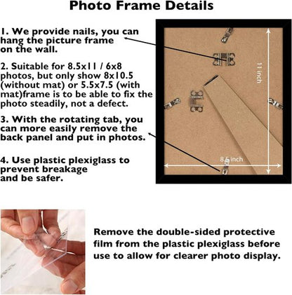 JCJMY Picture Frame Set of 2 - 8.5x11 & 6x8 Mat Options for Wall or Tabletop Display - Black