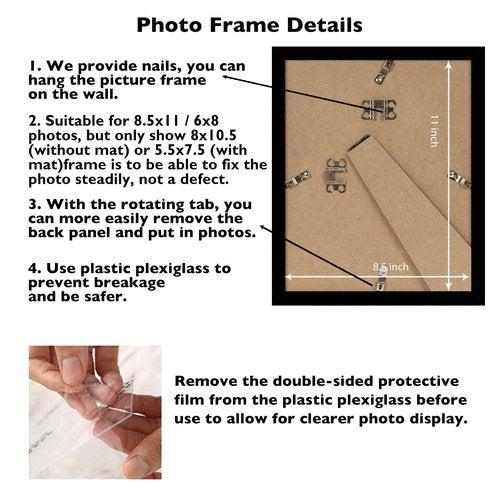 JCJMY 8.5 by 11 Picture Frame Set of 6 with 6x8 Mat for Certificate Document Photo, Display 6x8 with Mat or 8.5x11 without Mat, 8.5 x 11 Frame for Wall or Tabletop, 6 Pack, Black