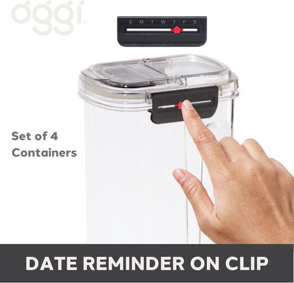 Oggi Easi Grip Moisture Proof Storage Containers, Set of 4, Ultra Clear BPA-Free Sealable Canisters, Pouring Lids, Date Reminder, Ideal Pantry Storage (23, 57, 60, 128 oz / 0.68, 1.7, 1.8, 3.8 lt)