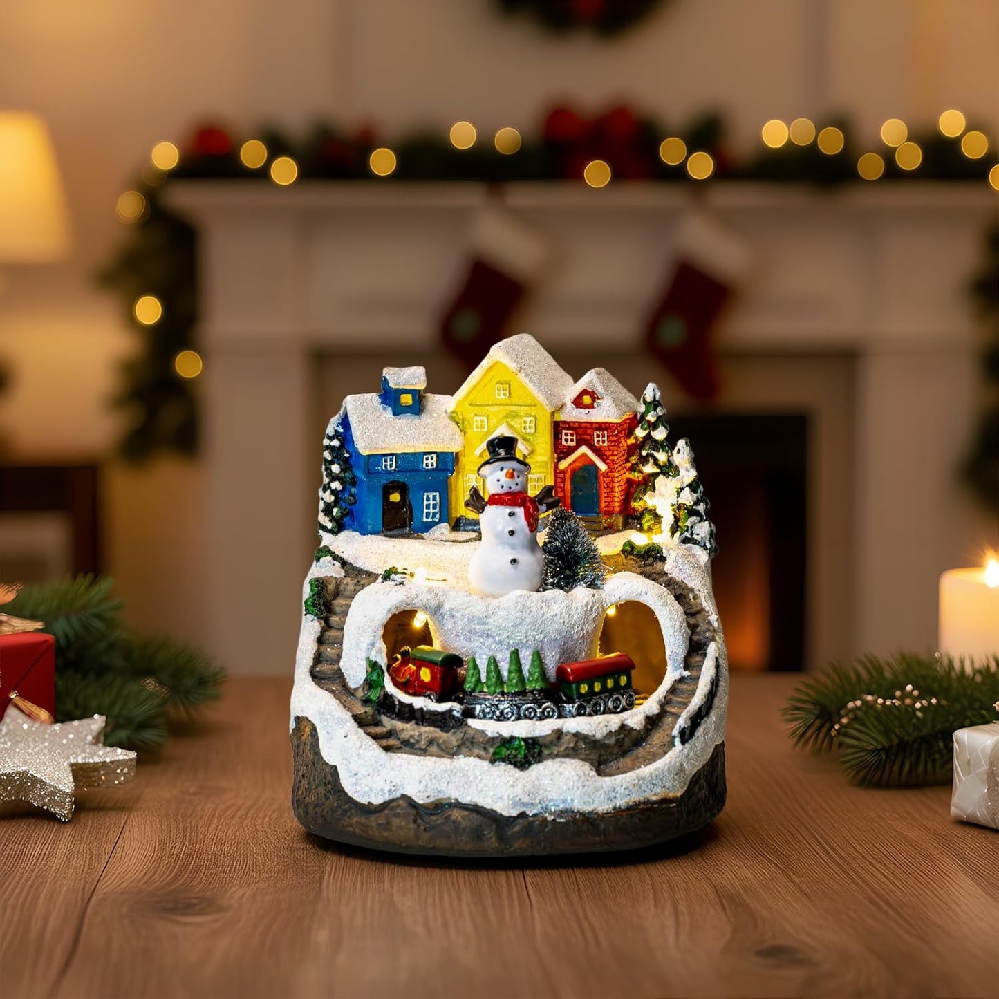 ZQQLITE Animated Musical Christmas Snowman Village - Lighted Figurines with Rotating Train | Holiday Tabletop Decor
