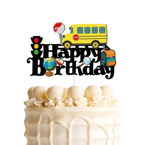 School Bus Happy Birthday Cake Topper,First Day of School Sign,Back to School Cake Decor, Kid Yellow Bus Theme Birthday Party Decorations