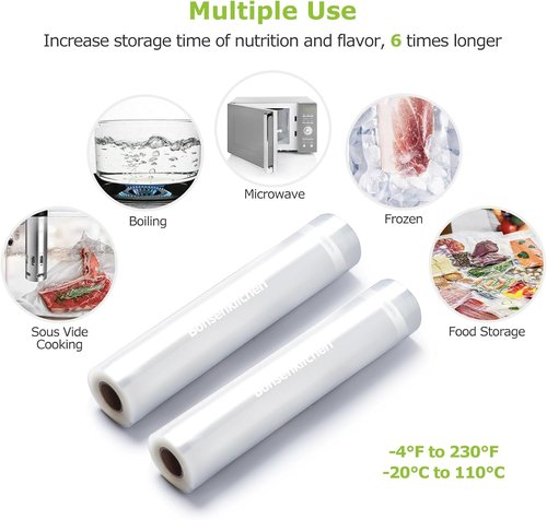 Bonsenkitchen Vacuum Food Sealer Rolls - 2 Pack, 8" x 20 ft, BPA-Free, Durable Bags for Storage & Sous Vide