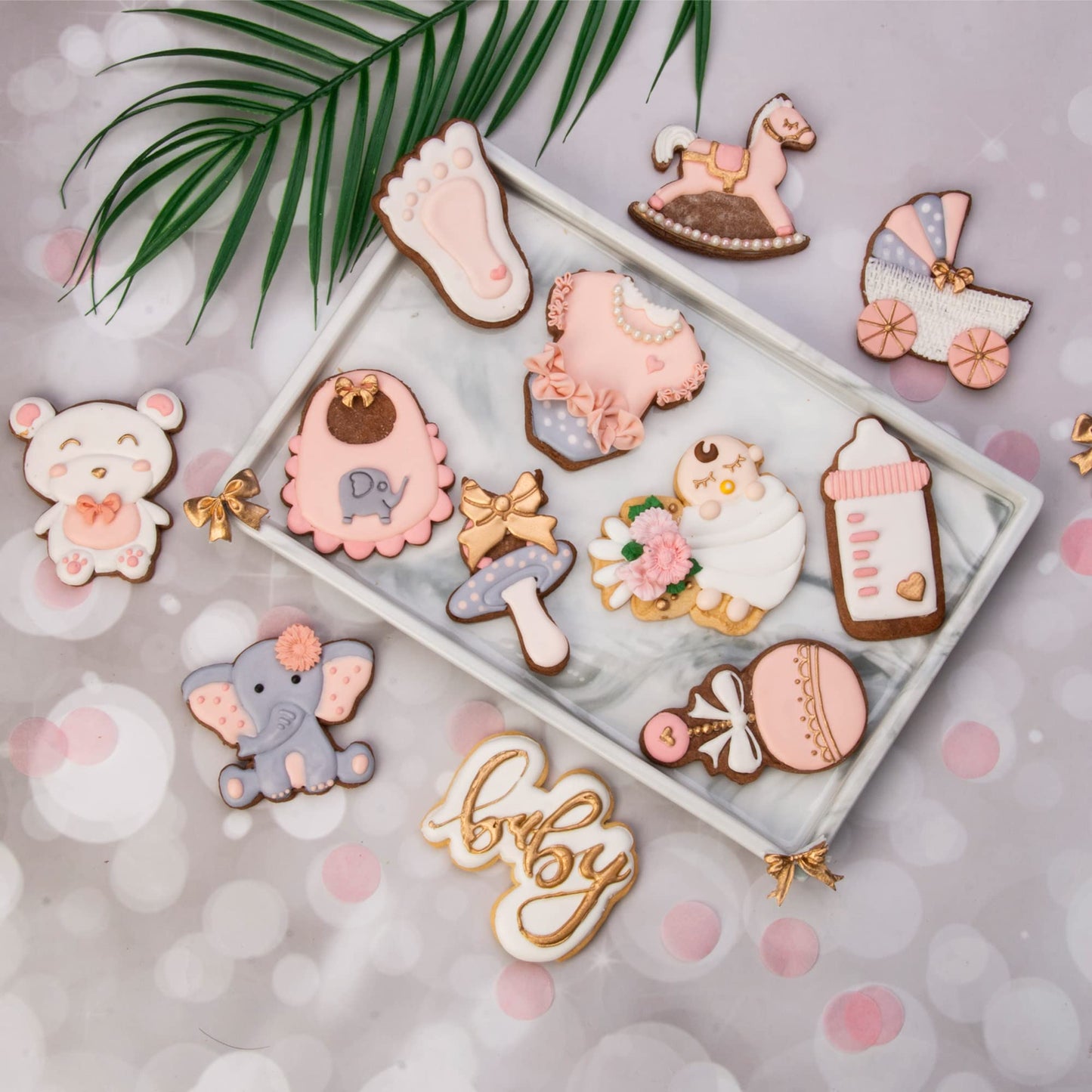 Baby Shower Cookie Cutter 4 Pack 3D Stampers Molds DIY Fondant Decorating for Kids' Birthday Party Kitchen Tools, Elephant, Bear, Rocking Horse, Baby Face