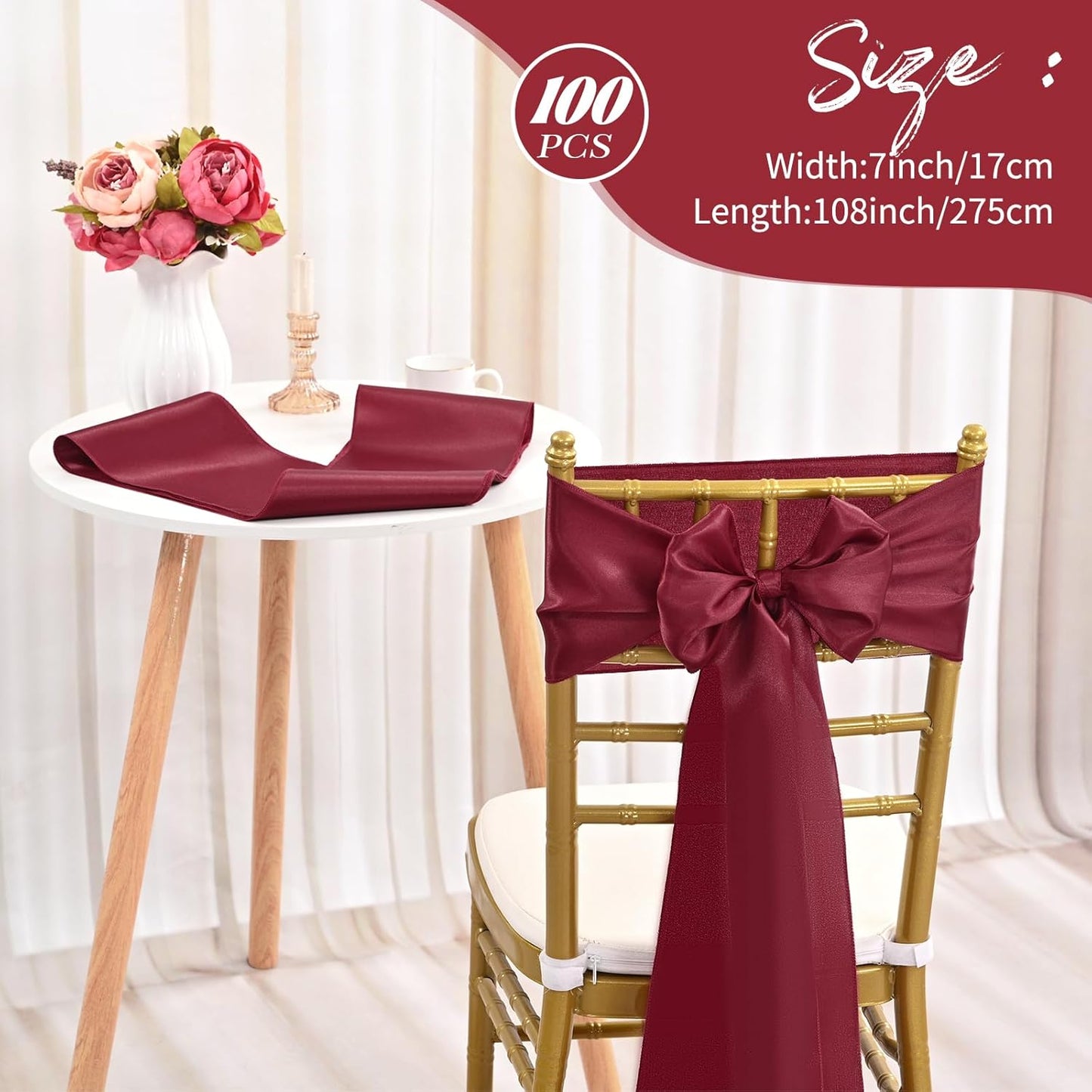 Skiennix 100 PCS Satin Chair Sashes - Burgundy Decorative Ribbon Ties for Weddings & Events | 7 x 108 Inch