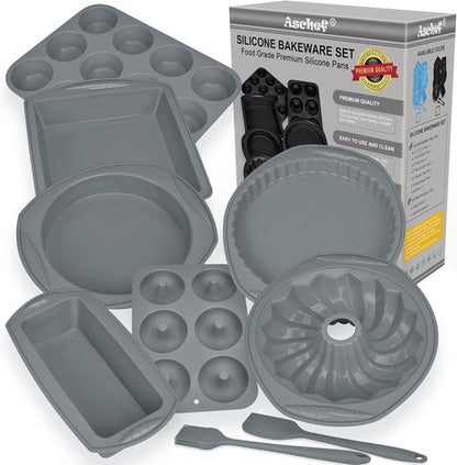 Aschef 9-In-1 Nonstick Silicone Baking Set - Versatile Bakeware Kit for Cakes, Muffins & More | Heat Resistant Molds & Tray