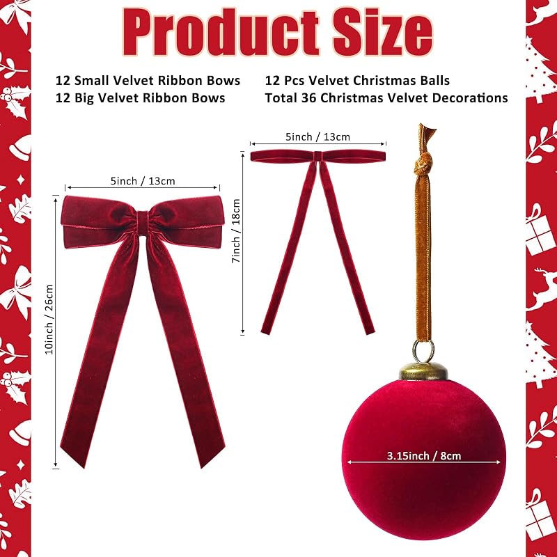 36 Pcs Burgundy Velvet Christmas Ornaments Set — 3.15in Balls & Velvet Ribbon Bows