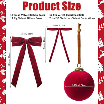 36 Pcs Burgundy Velvet Christmas Ornaments Set — 3.15in Balls & Velvet Ribbon Bows