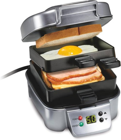 Hamilton Beach Sandwich Stacker - Customizable Hot Sandwich Maker with Built-In Timer | Non-Stick, Compact Design, Silver