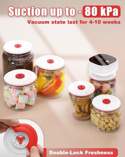 Electric Mason Jar Vacuum Sealer Kit - Auto-Stop Digital Display & 60kPa Suction | Preserves Freshness 12X Longer, Includes 6 Lids & Bag Adapters