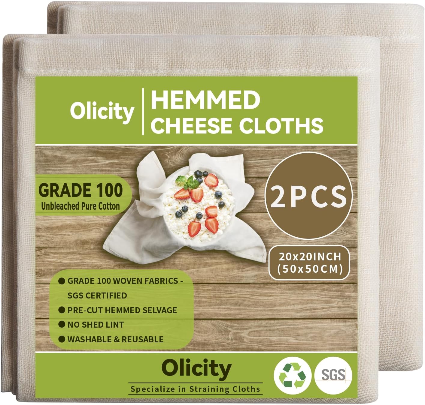 Olicity Cheesecloth - Grade 100 Reusable Muslin Cloths for Cooking & Straining | 20x20 Inch, 100% Unbleached - 2 Pack