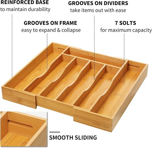 Bamboo Expandable Kitchen Drawer Organizer - Adjustable Cutlery Tray for Utensils | Natural Wood Finish