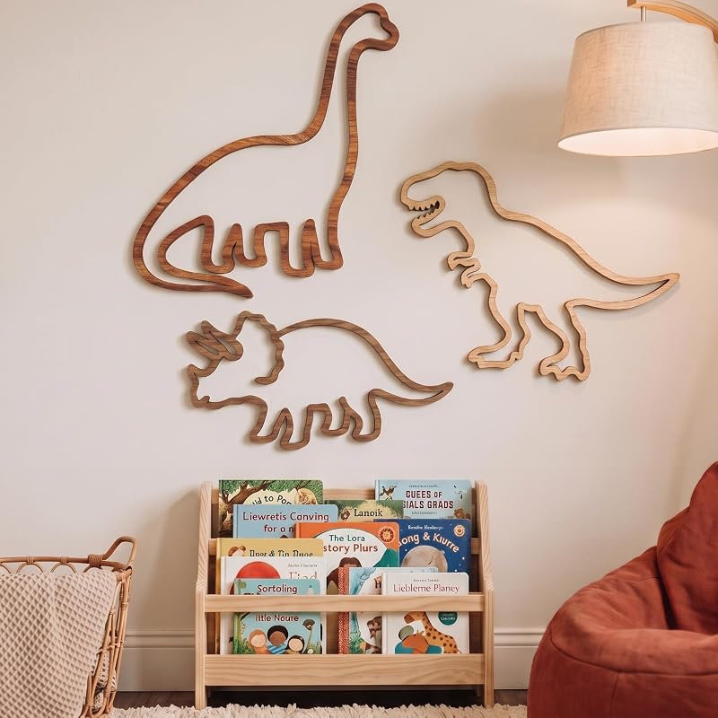 Three-Piece Wooden Dinosaur Wall Decor Set for Nursery