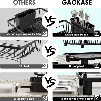 Skiennix Stainless Steel Dish Drying Rack - Removable Utensil Holder & New Drain Outlet | Black 11" W x 15" L