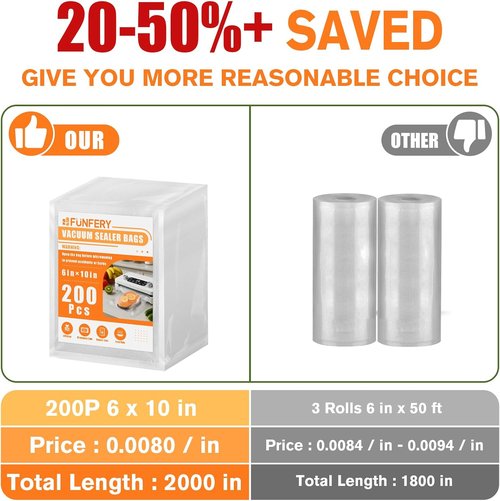 FUNFERY Vacuum Sealer Bags - 200 Pint 6" x 10" BPA-Free Bags for Long-Term Food Storage & Sous Vide