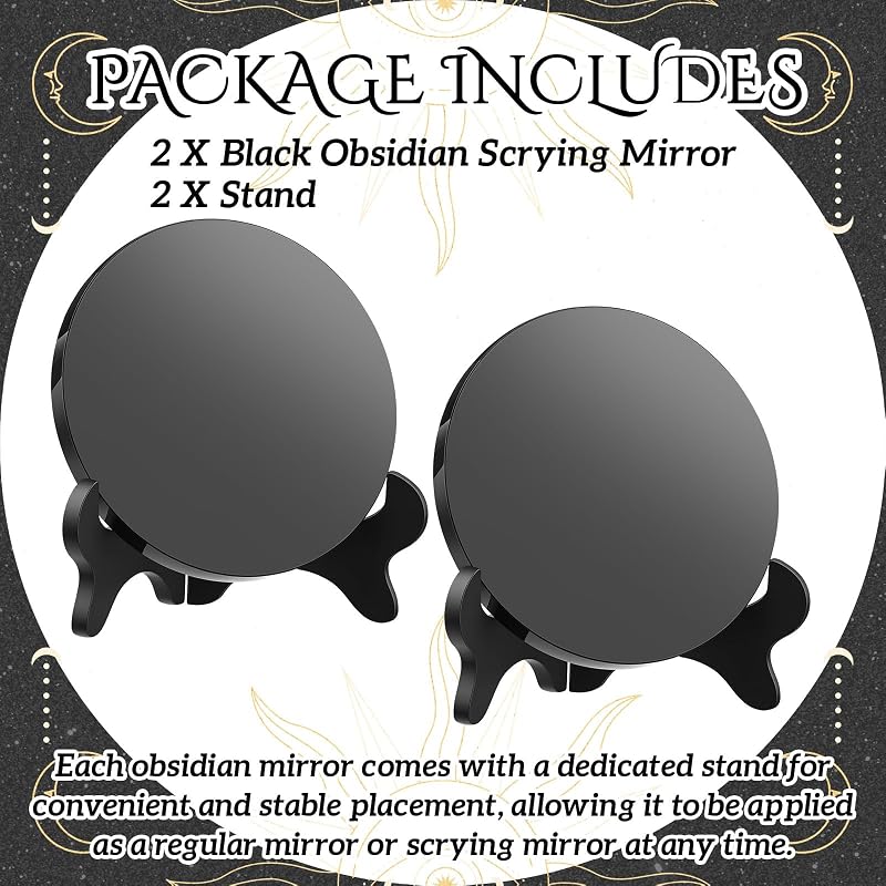 Obsidian Scrying Mirror 5.91 in with Wood Stand - 2 Pack Variation of THIS listing