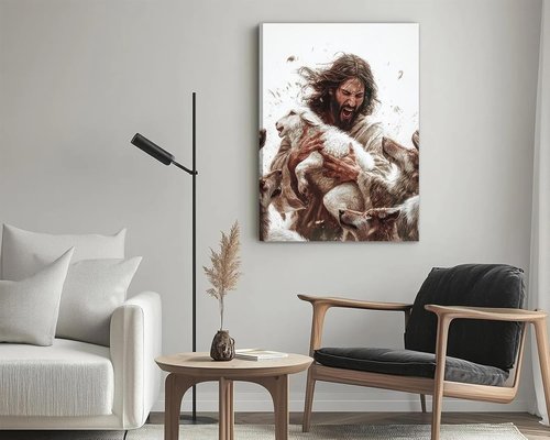 Jesus And Lamb Canvas Wall Art - Inspirational Christian Decor | Framed 12x16 Inch Painting for Living Room or Bedroom