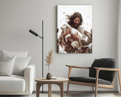 Jesus And Lamb Canvas Wall Art - Inspirational Christian Decor | Framed 12x16 Inch Painting for Living Room or Bedroom