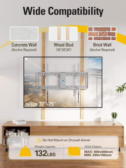 Mounting Dream TV Wall Mount for Most 37-75 Inch Televisions, Universal Tilt TV Mount Fits 16", 18", 24" Studs, Max VESA 600x400mm, 132lbs, Low Profile Flat Wall Mount Bracket, MD2968-LK