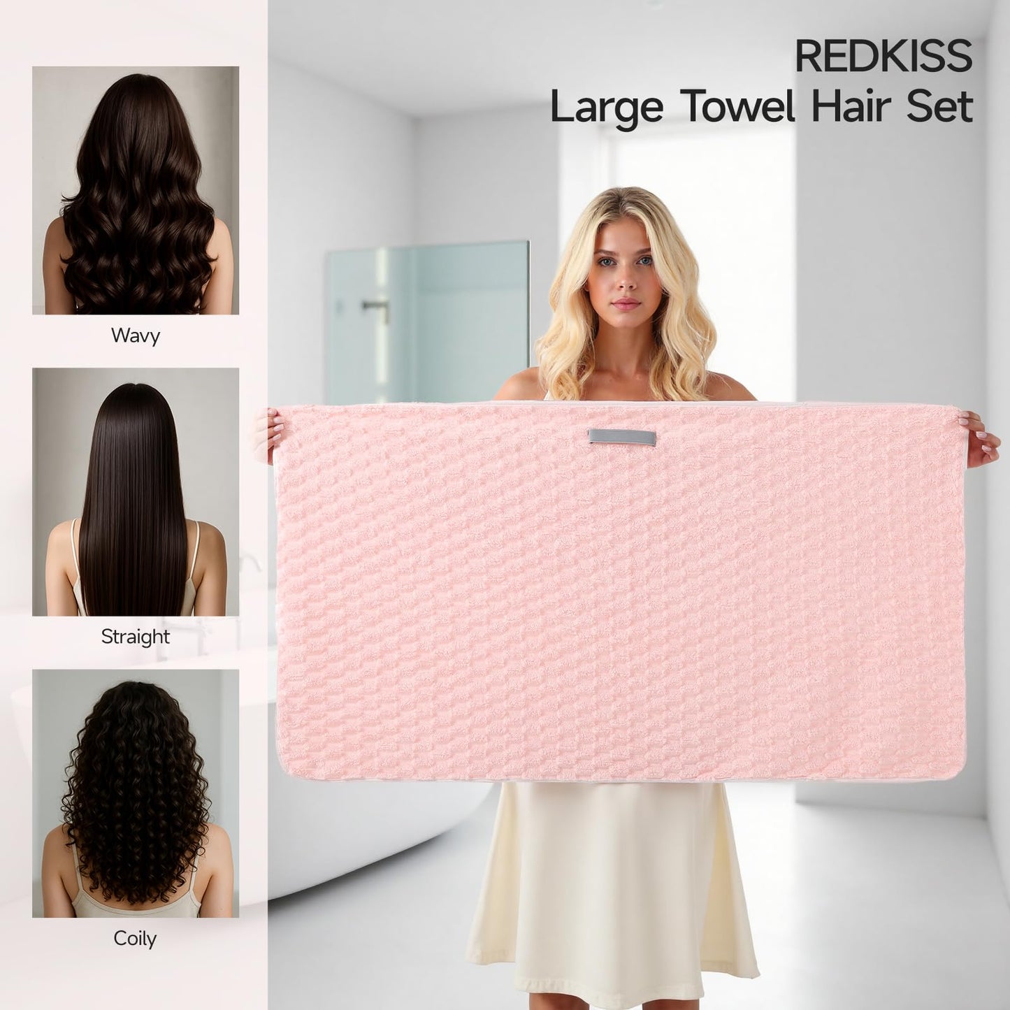 REDKISS 3 Pack Microfiber Hair Towels - Extra Large Hair Towel Wrap for Women, 24x42 inch Hair Towels with Elastic Strap, Super Soft Hair Drying Towels for Long, Thick, Curly Anti Frizz Turbans