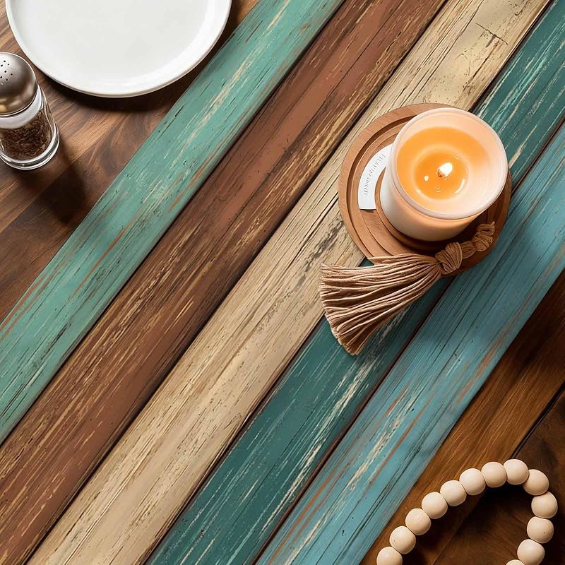 Teal Cotton Linen Table Runner 13x90 Inch - Rustic Burlap Dresser Scarf, Non-Slip Home Decor (Green/Blue/Brown) - Farmhouse Wedding Table Setting
