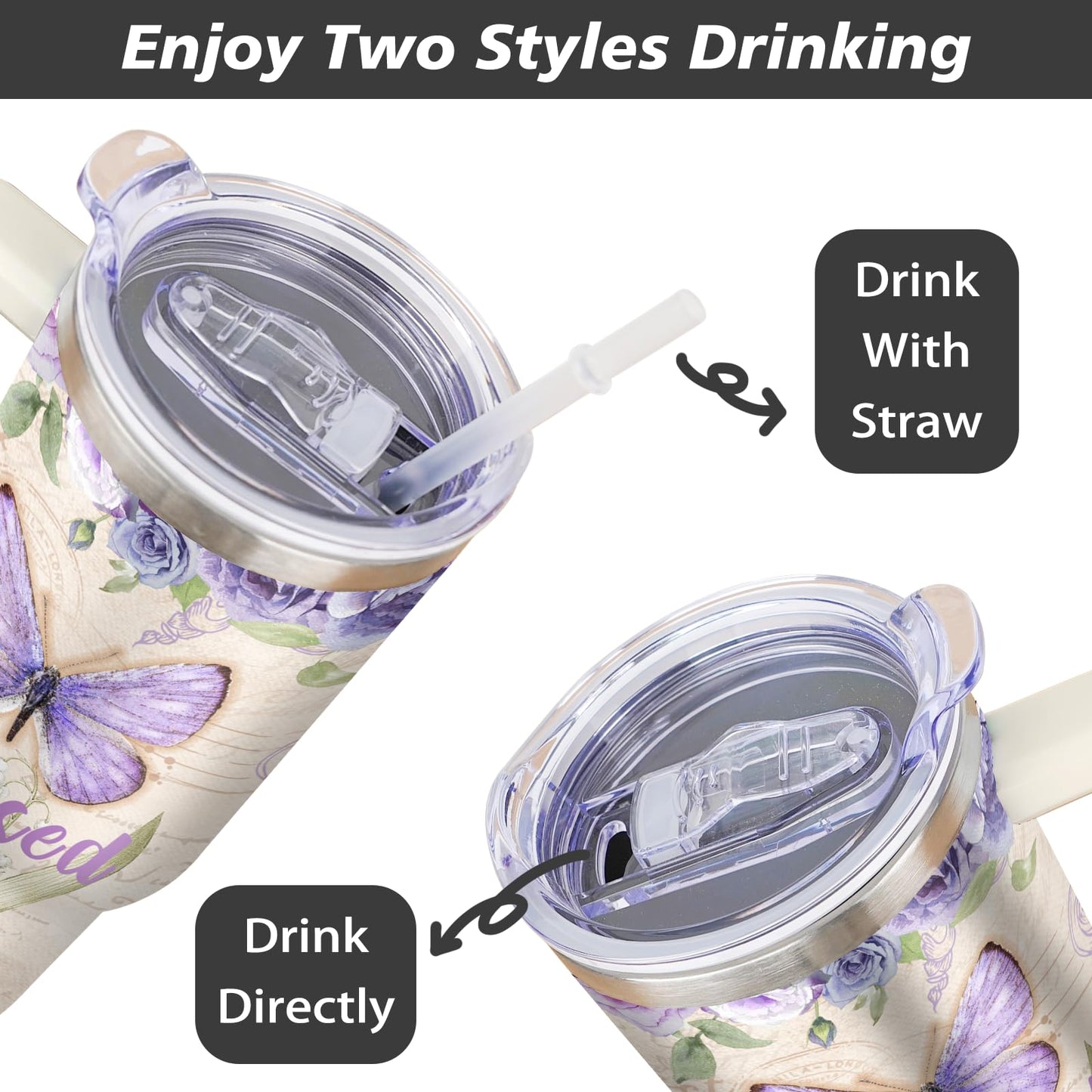 thmasamwr Butterfly Tumbler with Lid and Straw, Stainless Steel 40oz Tumbler with Handle, Butterfly Travel Coffee Mug Water Bottle, Butterfly Gifts Cups for Women and Girls