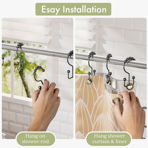 Amazer Black Shower Curtain Hooks, Shower Curtain Hooks Rust Proof 12 Pcs Stainless Steel Shower Hooks for Shower Curtain, Double Shower Curtain Hooks for Bathroom Shower Rods Curtain