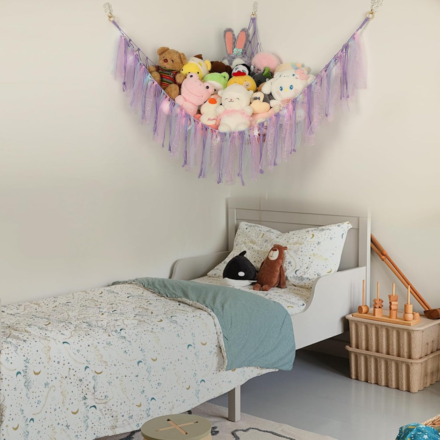 Stuffed Animal Hammock by [Brand Name] - 59-Inch LED Toy Storage Net for Kids' Bedroom | Wall-Mounted Plush Organizer in Handwoven Purple