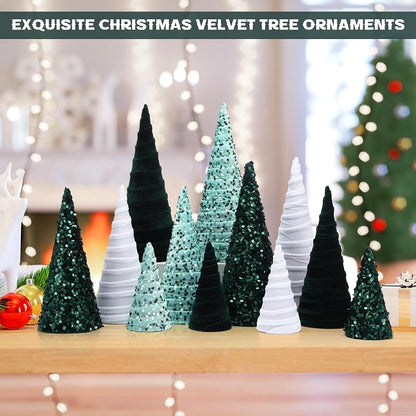 12 Pcs Velvet Cone Christmas Ornaments Set - Green, Light Green, White (Variation: Green, Light Green, White)