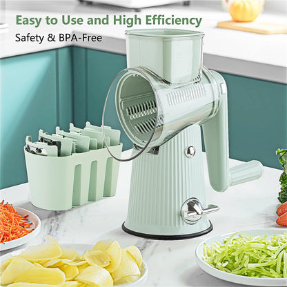PDAENLKY Rotary Cheese Grater with Handle 5 in 1 Cheese Grater Hand Crank Cheese Shredder with Strong Suction Base Kitchen Vegetable Slicer with 5 Interchangeable Blades, Storage Box, Green