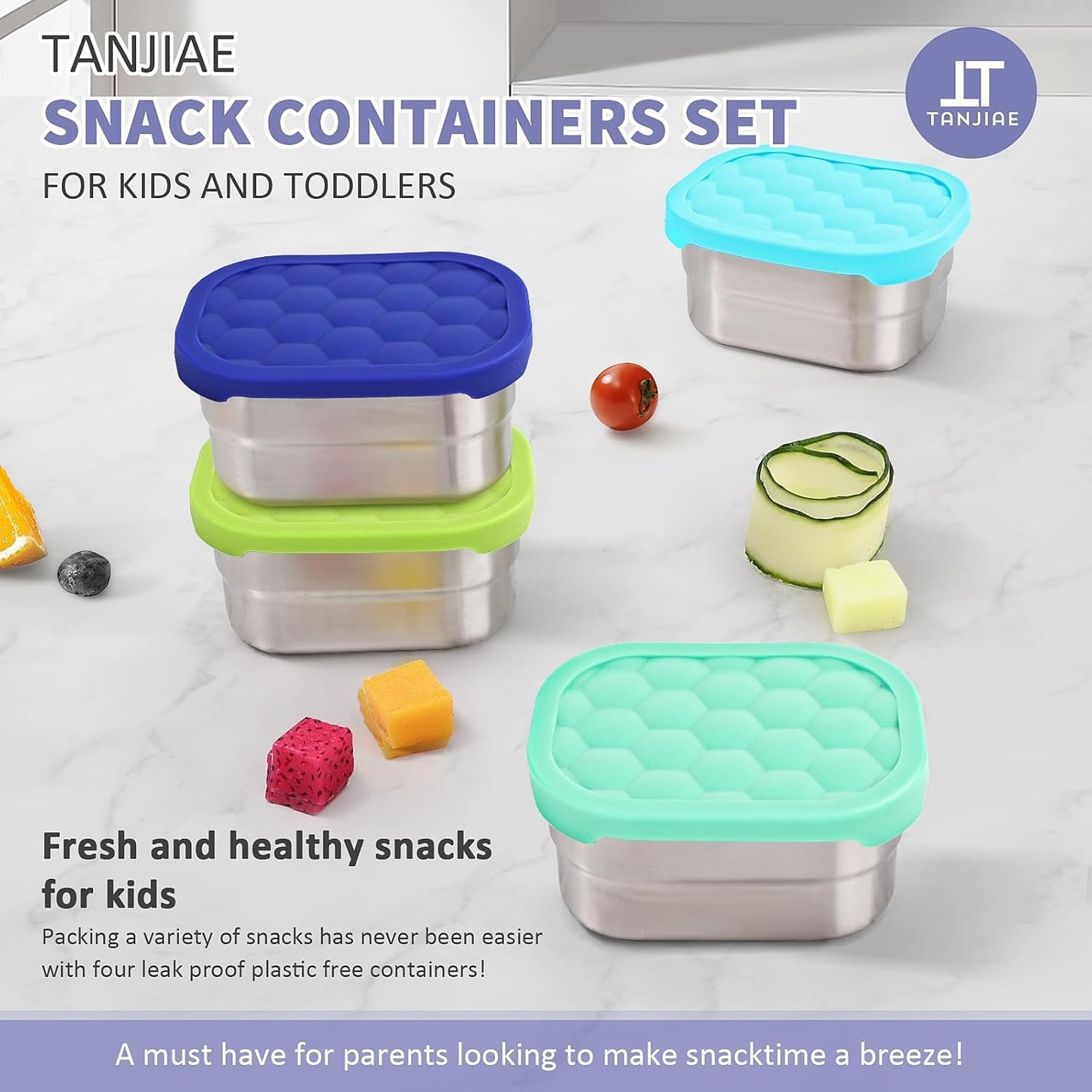 Tanjiae Stainless Steel Snack Containers - 4-Pack 8oz | Reusable Toddler Lunch Boxes with Silicone Lids