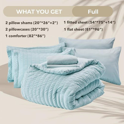 HYMOKEGE Comforter Set - Luxury 7-Piece All-Season Bedding in Lake Blue | Full Size with Sheets & Pillowcases