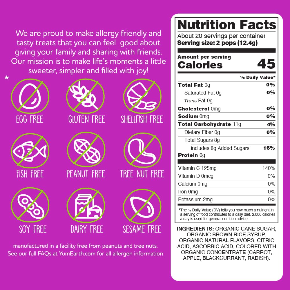 YumEarth Organic Vitamin C Pops - 40 Fruit Flavored Lollipops | Allergy Friendly, Gluten Free, Vegan