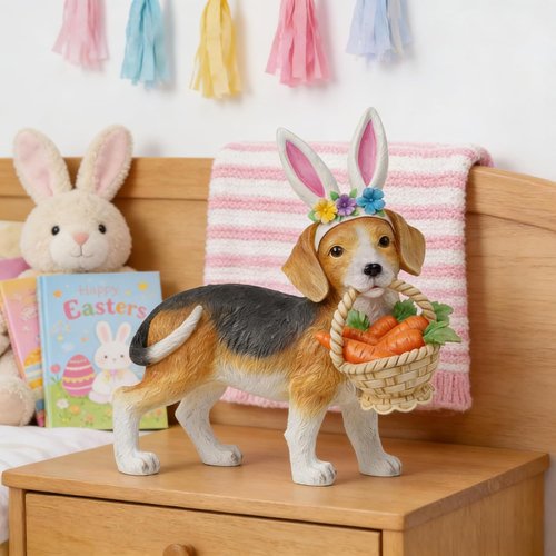 Cynkeyee Dog Garden Statue - Adorable Beagle Puppy with Bunny Ears & Carrot Basket | 11.5" x 4" x 10.5" Indoor/Outdoor Decor