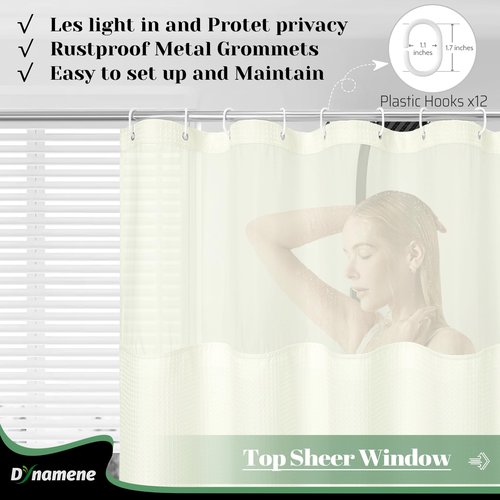 Dynamene 78 Inch Long Shower Curtain, Tall Waffle Fabric Shower Curtains for Bathroom, Hotel Waterproof Cloth Shower Curtain Liner Set with Hooks, Snap in Liner, Mesh Top Window, Cream, 72x78