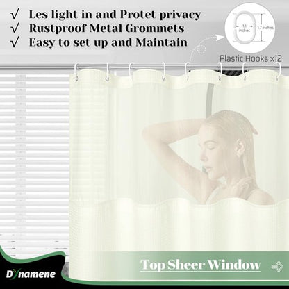 Dynamene 78 Inch Long Shower Curtain, Tall Waffle Fabric Shower Curtains for Bathroom, Hotel Waterproof Cloth Shower Curtain Liner Set with Hooks, Snap in Liner, Mesh Top Window, Cream, 72x78