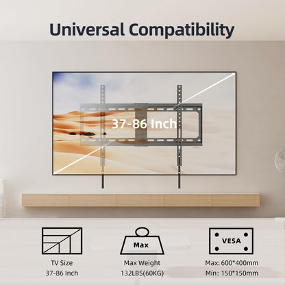 USX MOUNT Fixed TV Wall Mount,Low Profile TV Mount for Most 37-86 Inch Flat Screen Televisions,Max VESA 600x400mm Wall Mount Bracket Holds up to 132 lbs,Fits 16"/18"/24" Wood Studs,Quick Release Lock